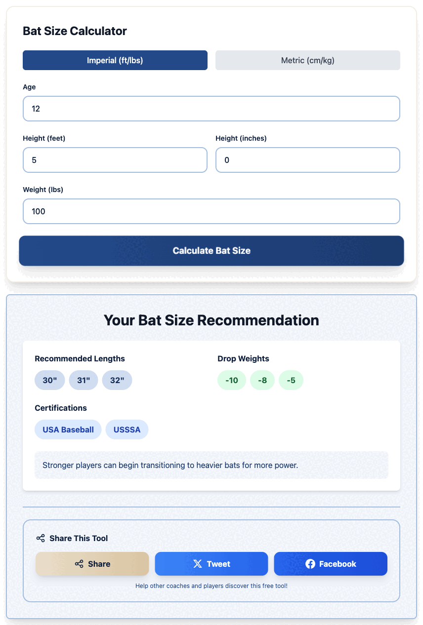 Dugout Edge softball bat size calculator showing recommended length and drop weight