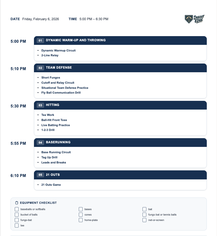 Printable baseball practice plan template created with spreadsheet for youth coaching