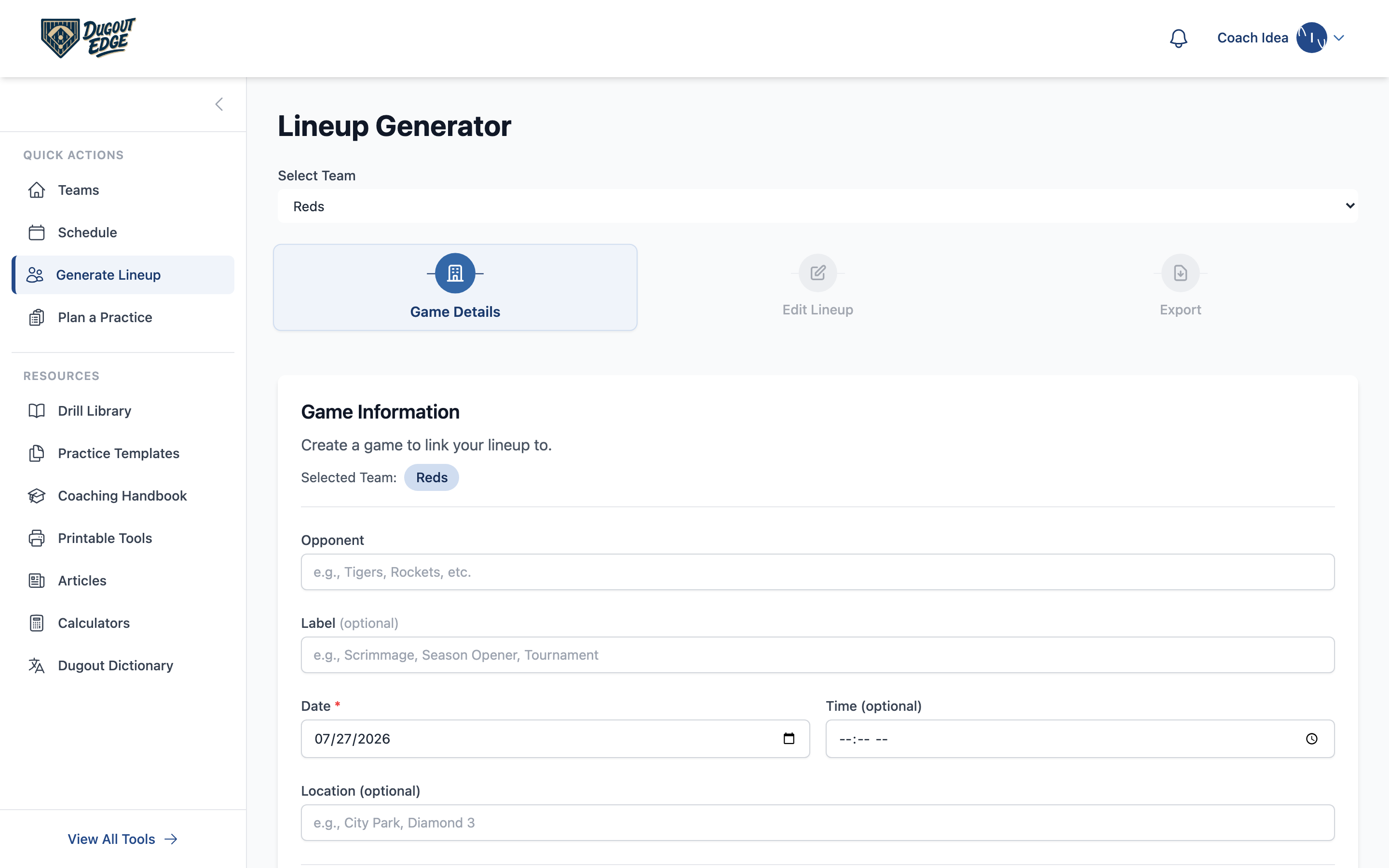 The Dugout Edge lineup generator with a team selected and game details being entered