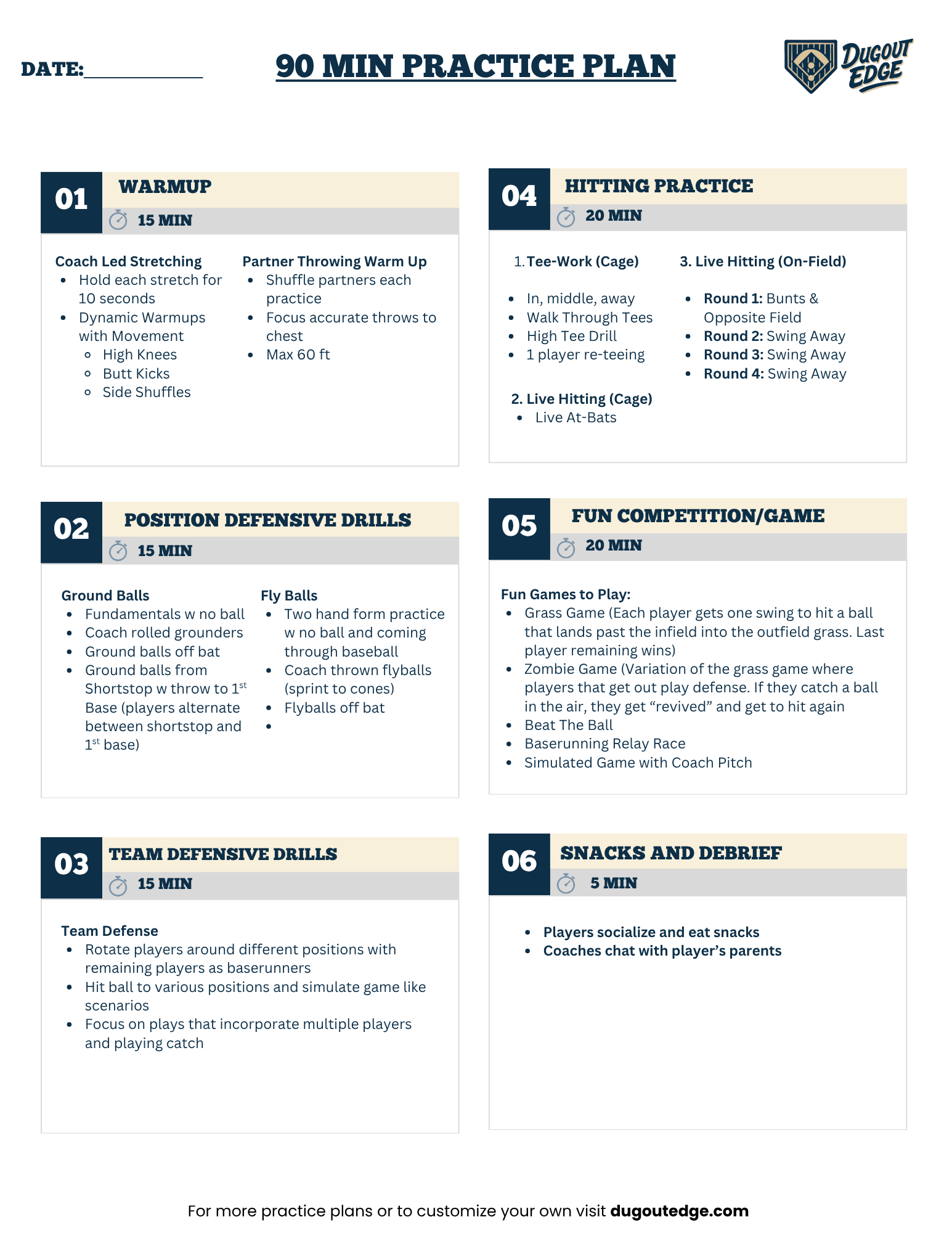 Printable coach pitch baseball practice plan PDF for ages 7 to 8